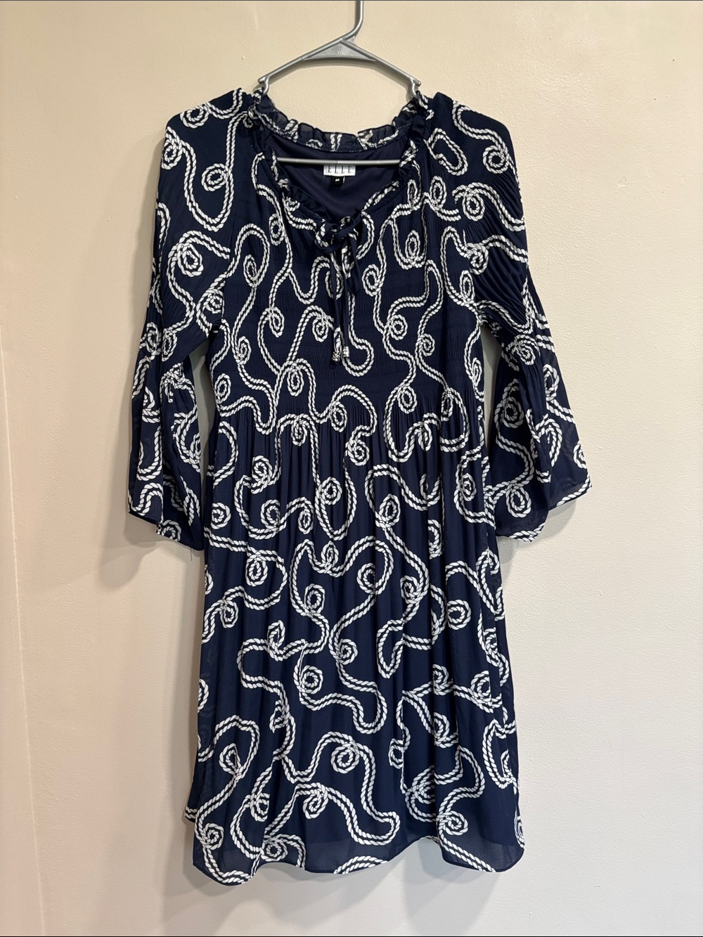 Ellie Navy and White Rope-Print Tie-Neck Mini Dress
